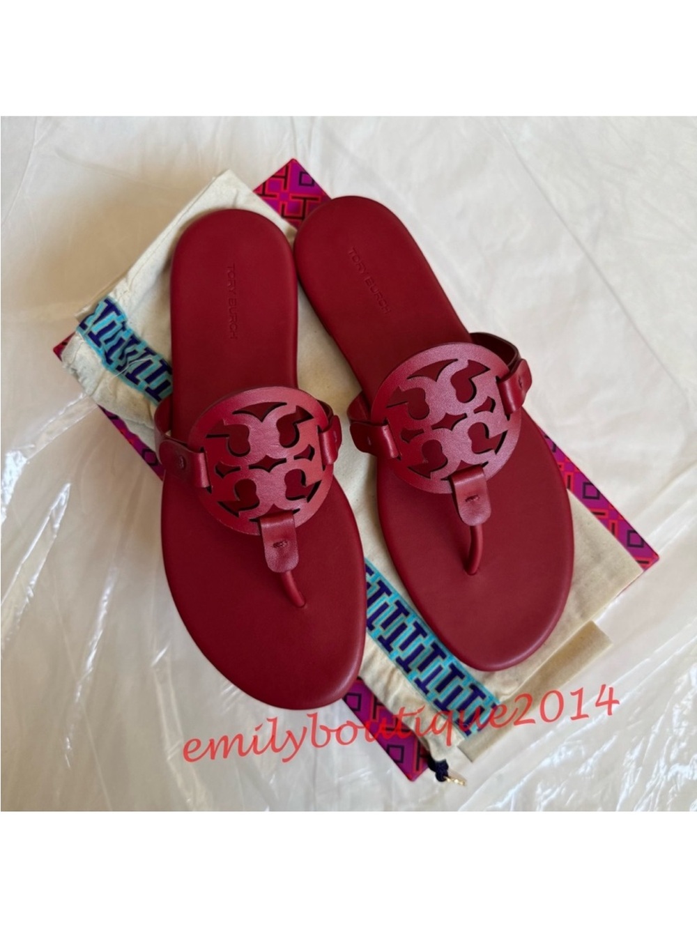 NIB Tory Burch Miller Size 7.5 Tory Red Calf Leather Sandals 90582 - Picture 6 of 10